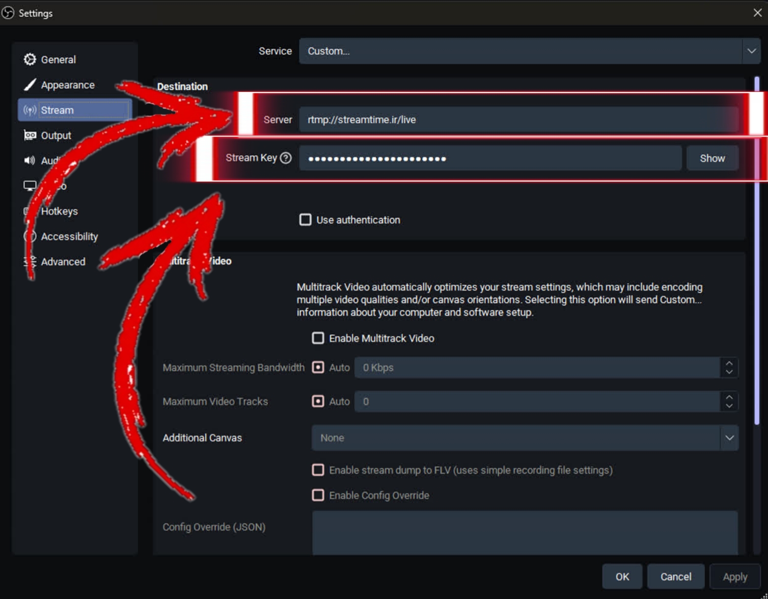 تنظیم OBS روی Custom با آدرس و کلید استریم‌تایم